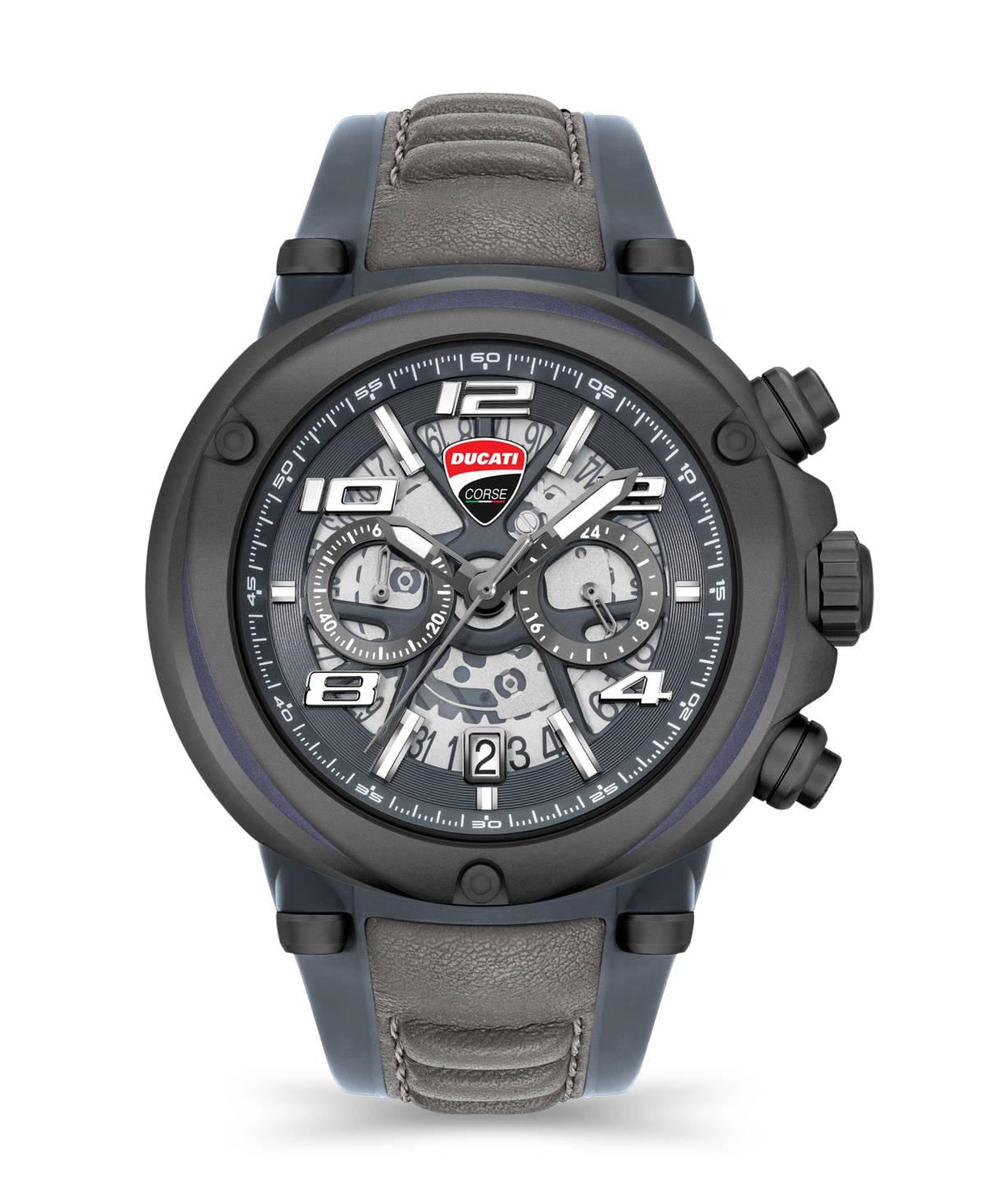 Ducati Corse Men's Partenza Collection Chronograph Timepiece Black Silicon with Gray Leather Strap Watch, 49mm