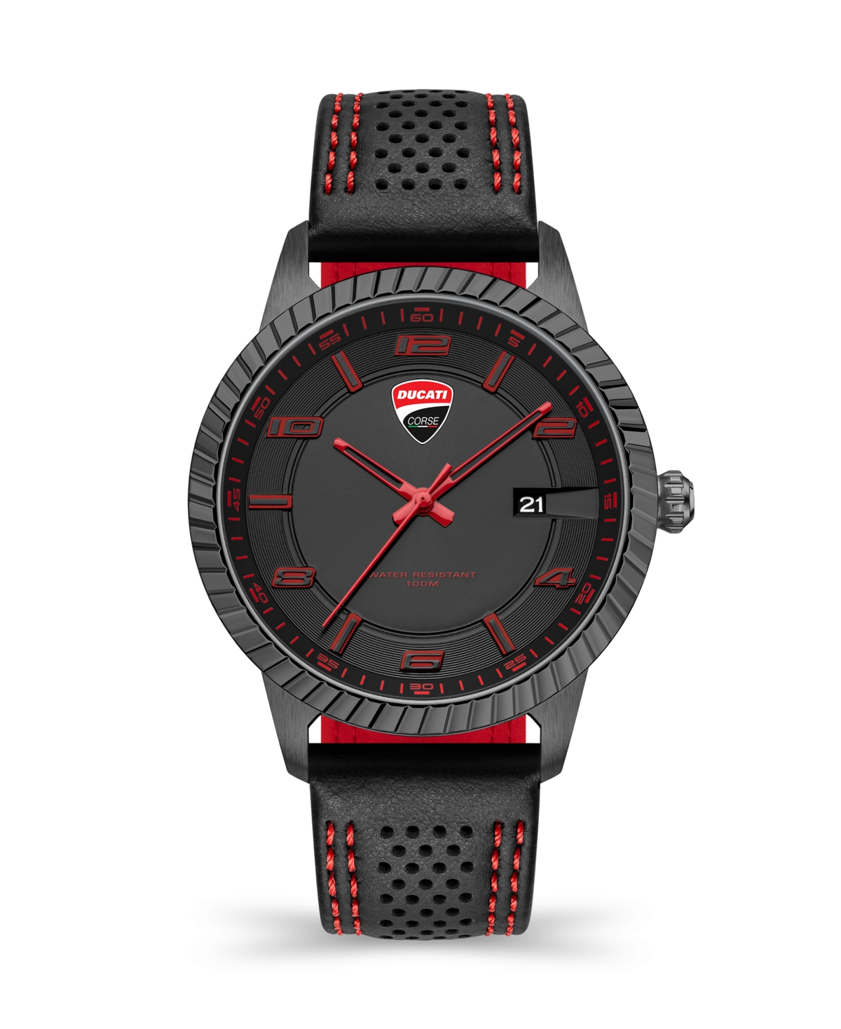 Men's Podio Collection Timepiece Black Genuine Leather Strap Watch, 44mm - Black