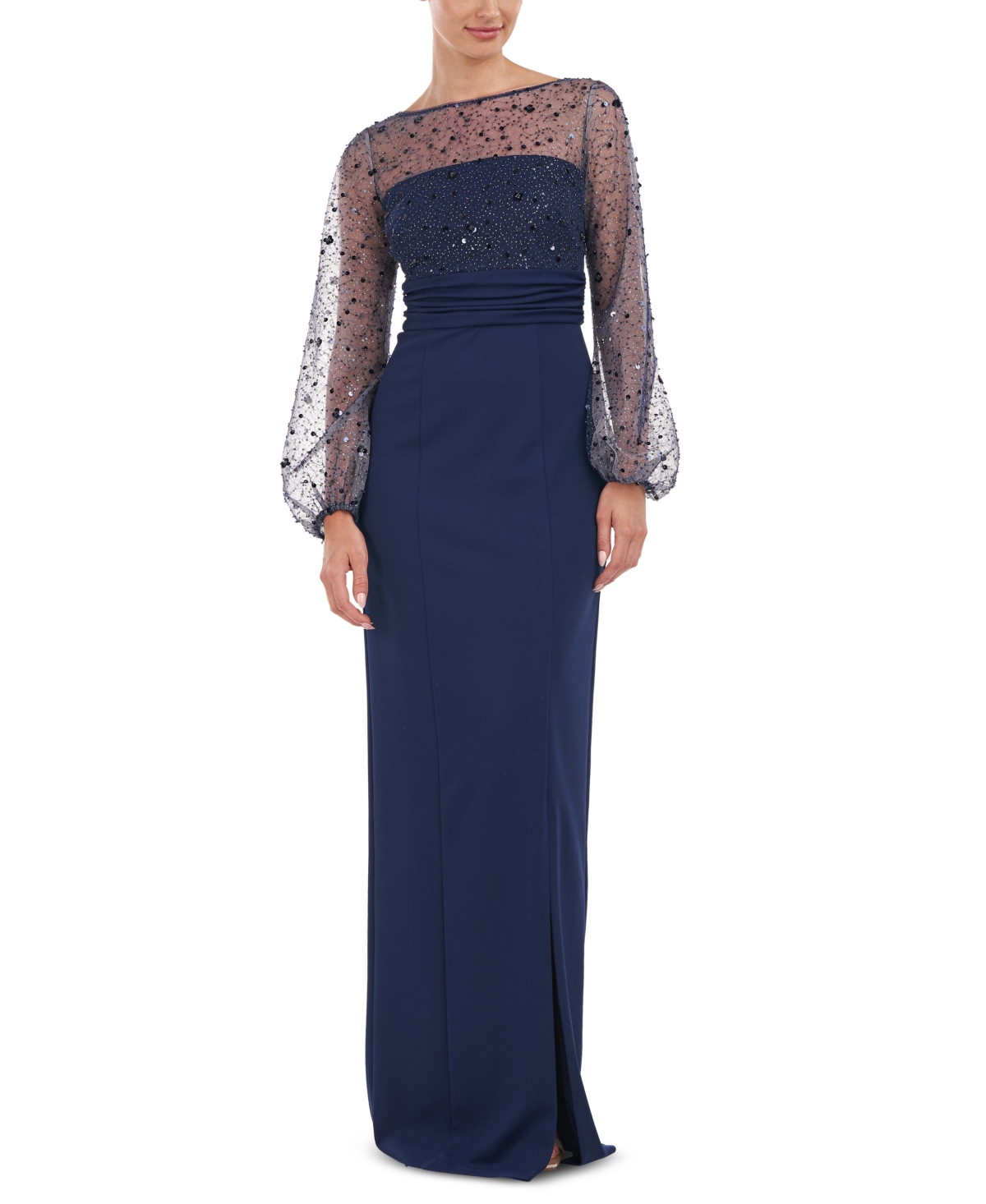 Js Collections Logan Beaded Ilusion Lace Long Sleeve Column Gown In Navy