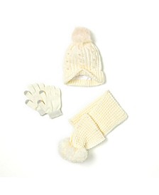 Big Girls Imitation Pearl Cable Knit Hat, Gloves and Scarf, 3 Piece Set