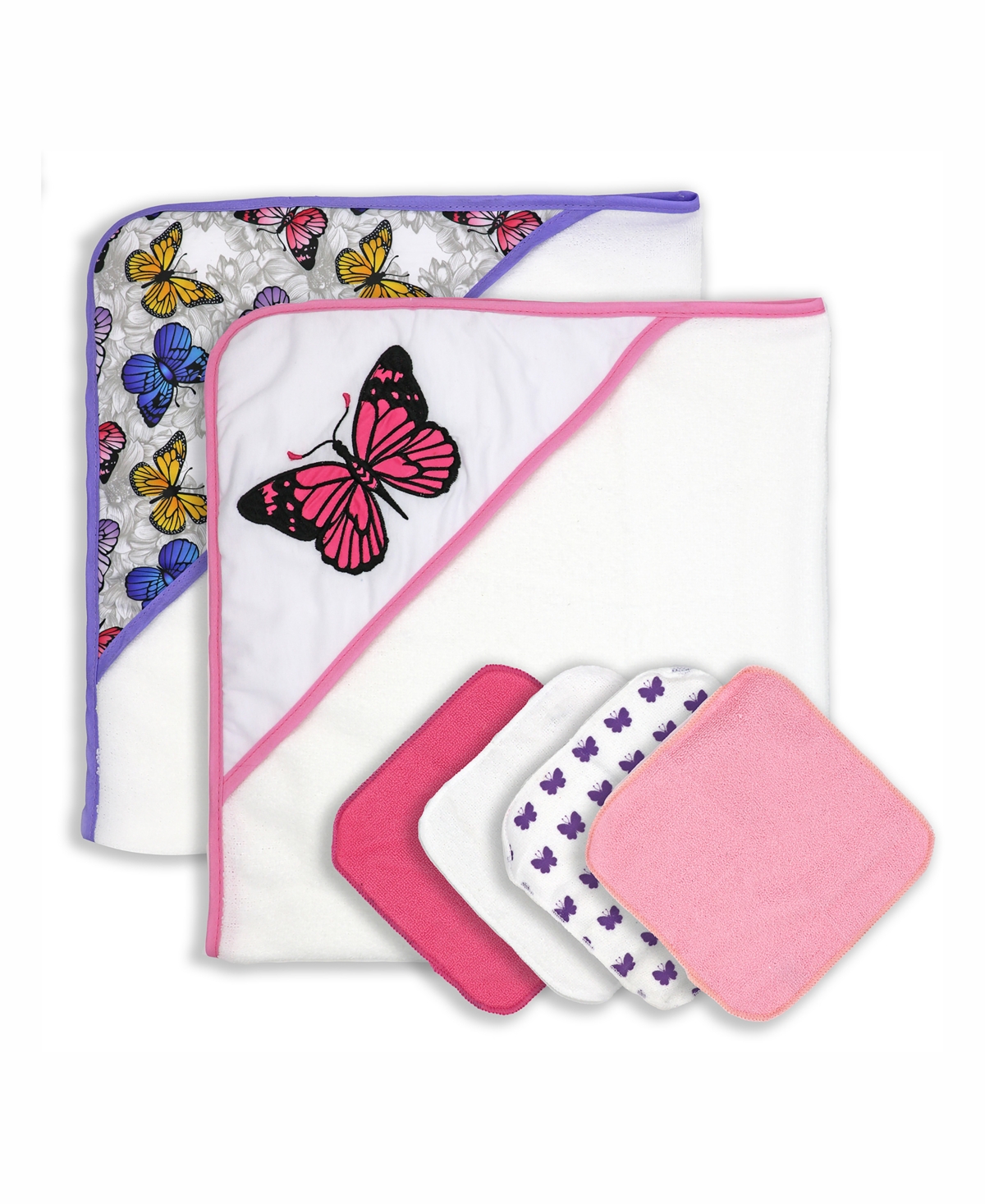 3 Stories Trading Baby Girls Hooded Towels And Washcloths, 6 Piece Set In Fuchsia And White