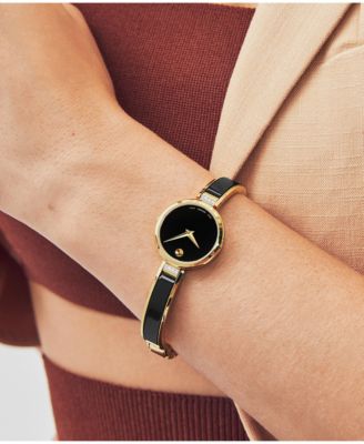 Women's Moda Swiss Quartz Black Ceramic Yellow PVD Bangle Watch 24mm