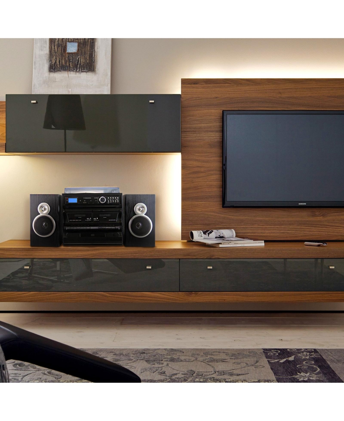 Trexonic 3-Speed Vinyl Turntable Home Stereo System with Cd Player, Dual Cassette Player, Bluetooth, Fm Radio & Usb/Sd Recording and Wired Speakers