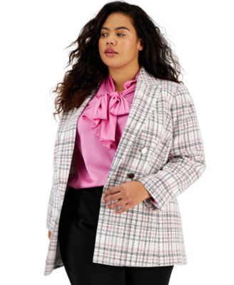 Bar III Plus Size Plaid Open-Front Button-Detail Blazer, Created