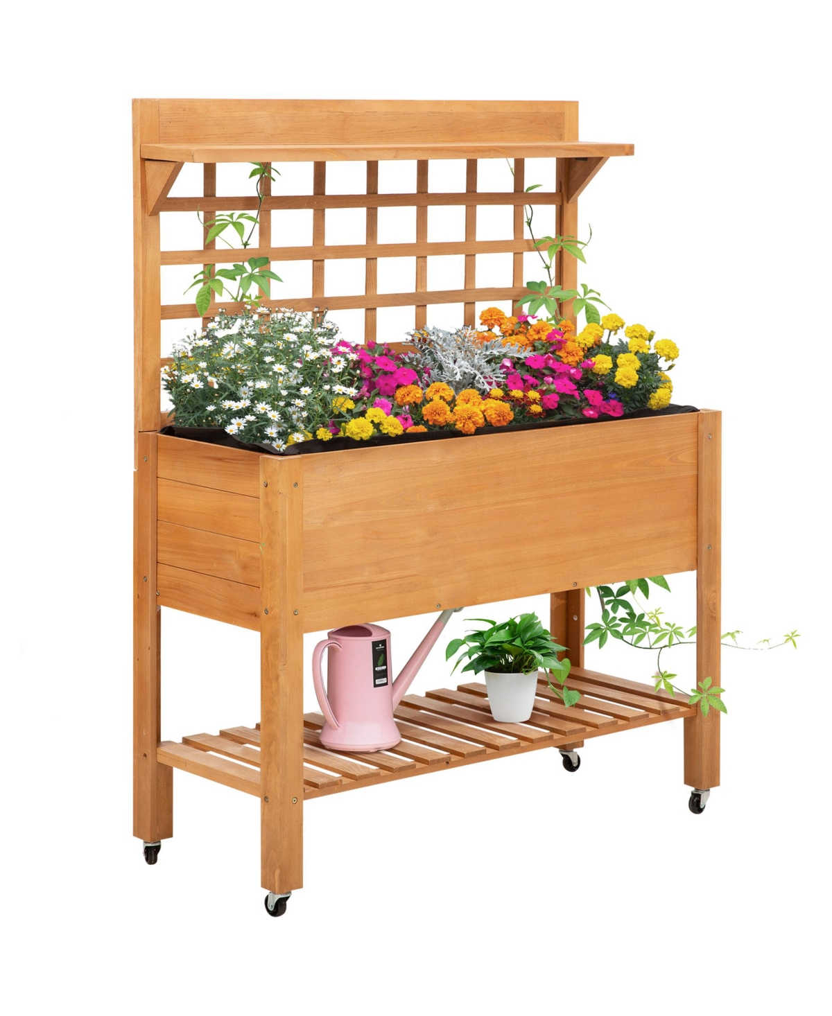 Outdoor Wooden Elevated Plant Bed w/ Shelves for Tool Storage & Wheels - Brown