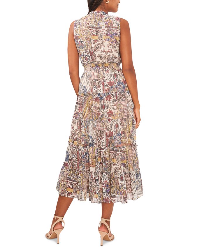 Smocked Printed Tie Neck Long Sleeve Dress main image 0