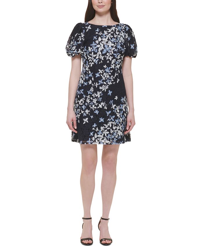 Jessica Howard Women's Floral-Print Puff-Sleeve Lace Sheath Dress - Macy's