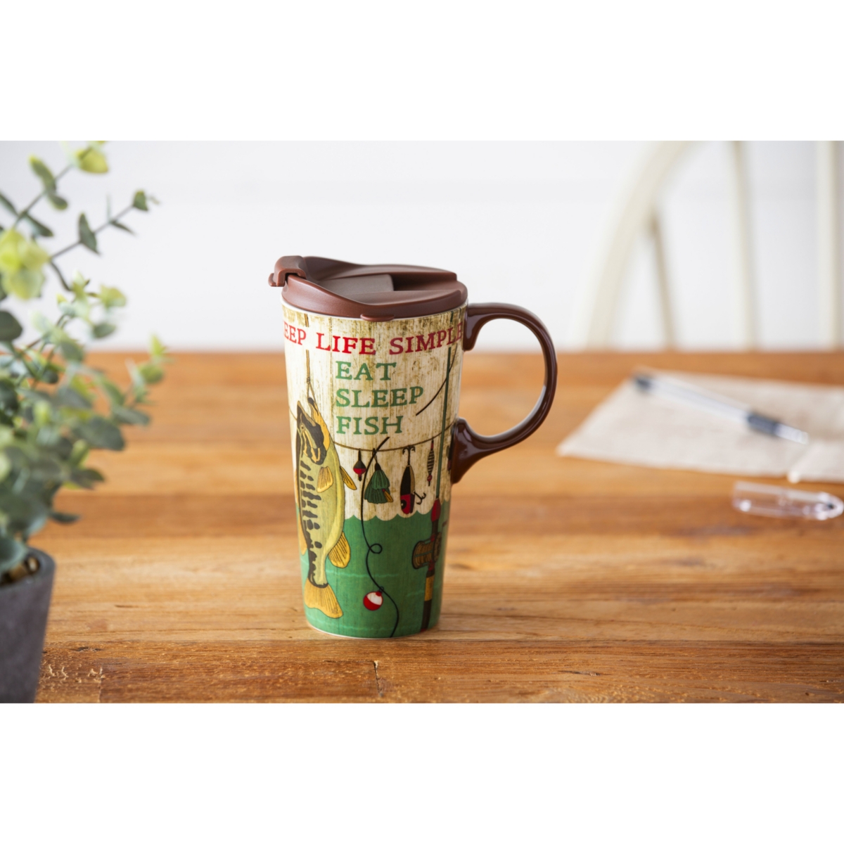 Evergreen Beautiful Keep Life Simple Ceramic Travel Cup with Lid - 5 x 4 x 7 Inches