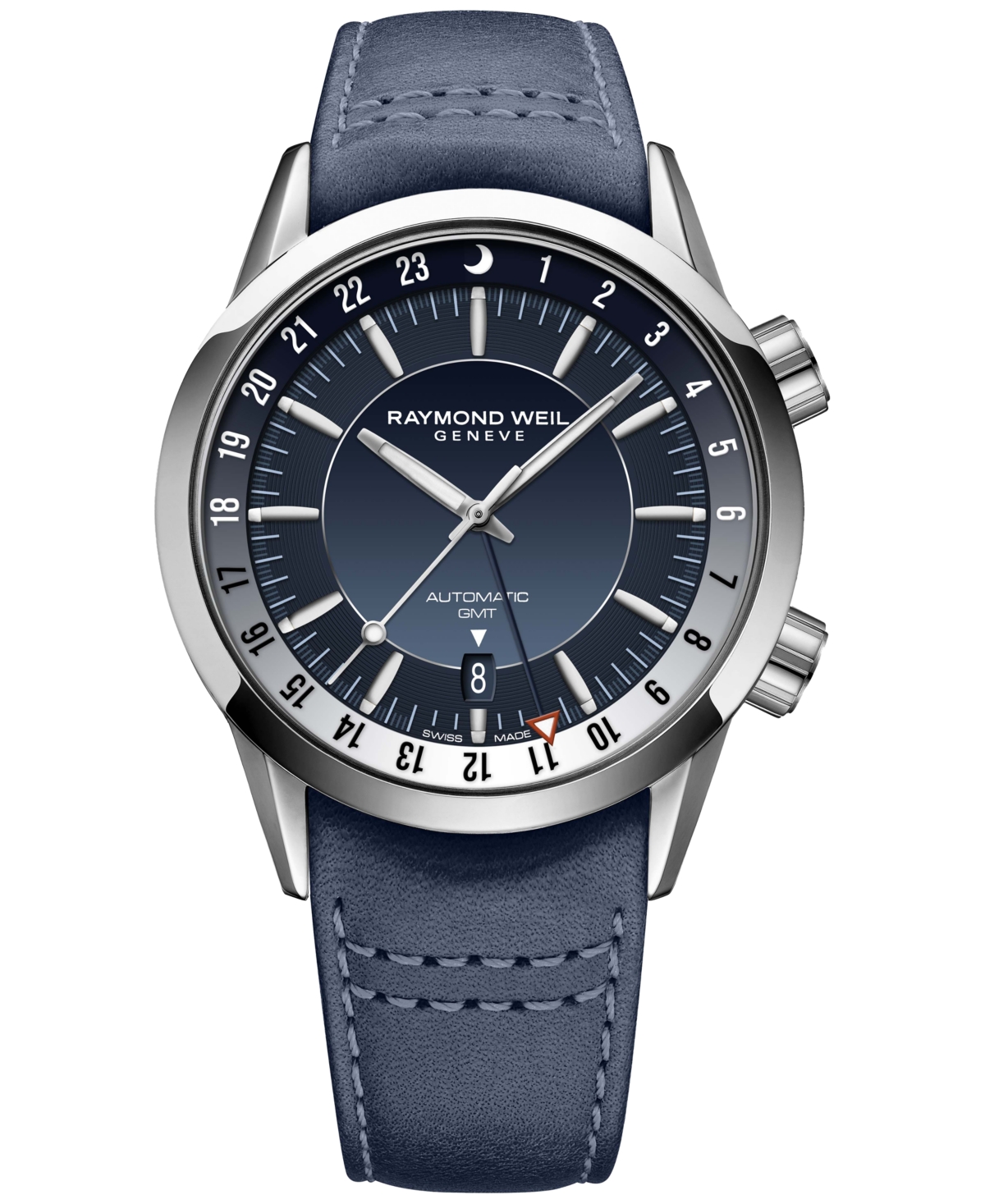 Raymond Weil Men's Swiss Automatic Freelancer Gmt Blue Leather Strap Watch 41mm