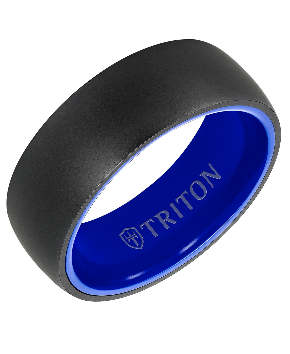 Triton Men's Rounded Edge Wedding Band In Blue Ceramic & Raw Black Tungsten Carbide