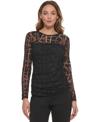 DKNY - Women's Round-Neck Jacquard Long-Sleeve Mesh Top