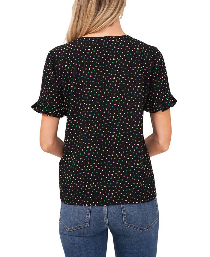 CeCe V-Neck Short Sleeve Button Front Polka Dot Blouse