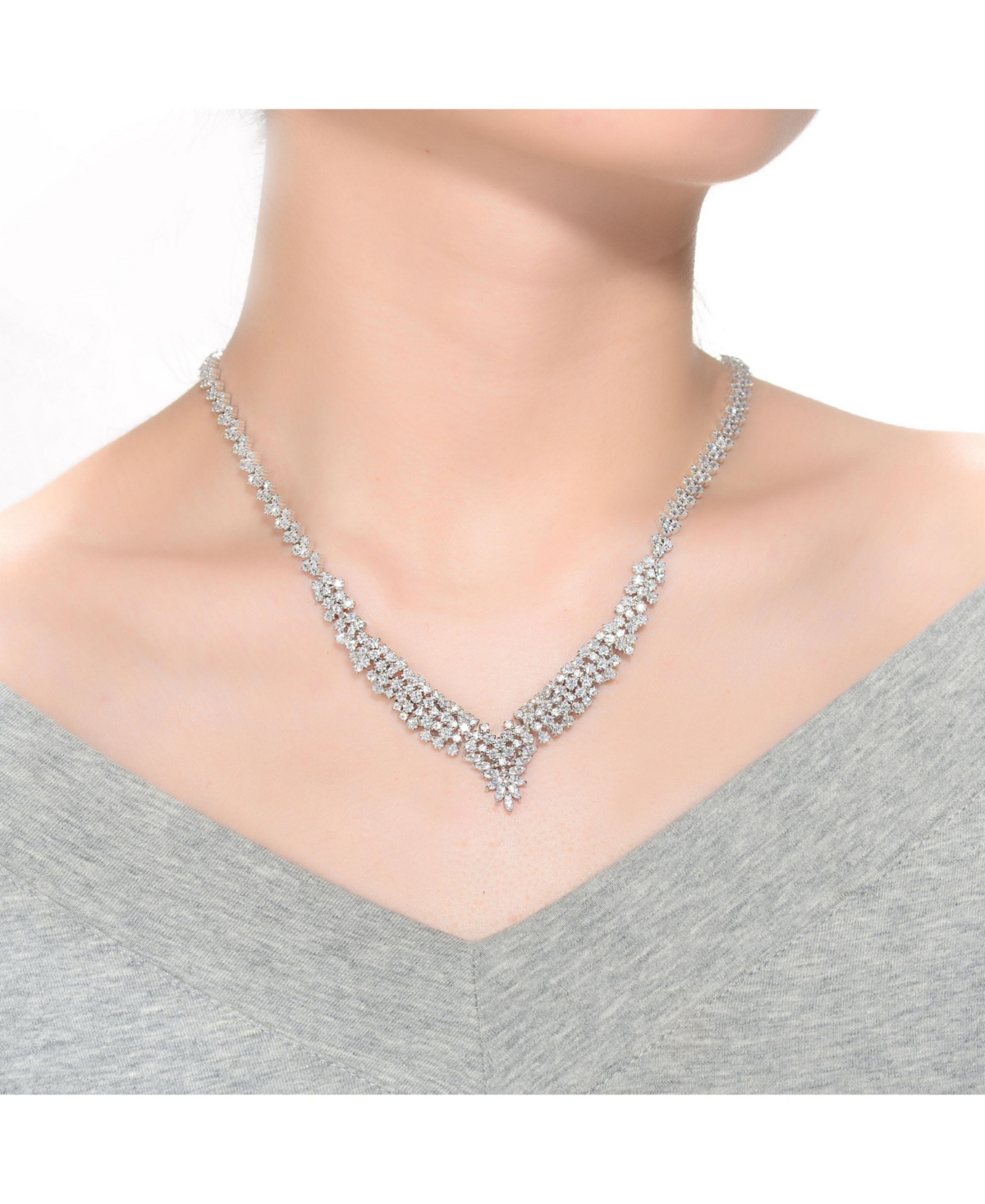 Genevive Exquisite SterlingClear Princess Cluster Necklace with White Gold Plating and Cubic Zirconia Accents - Silver