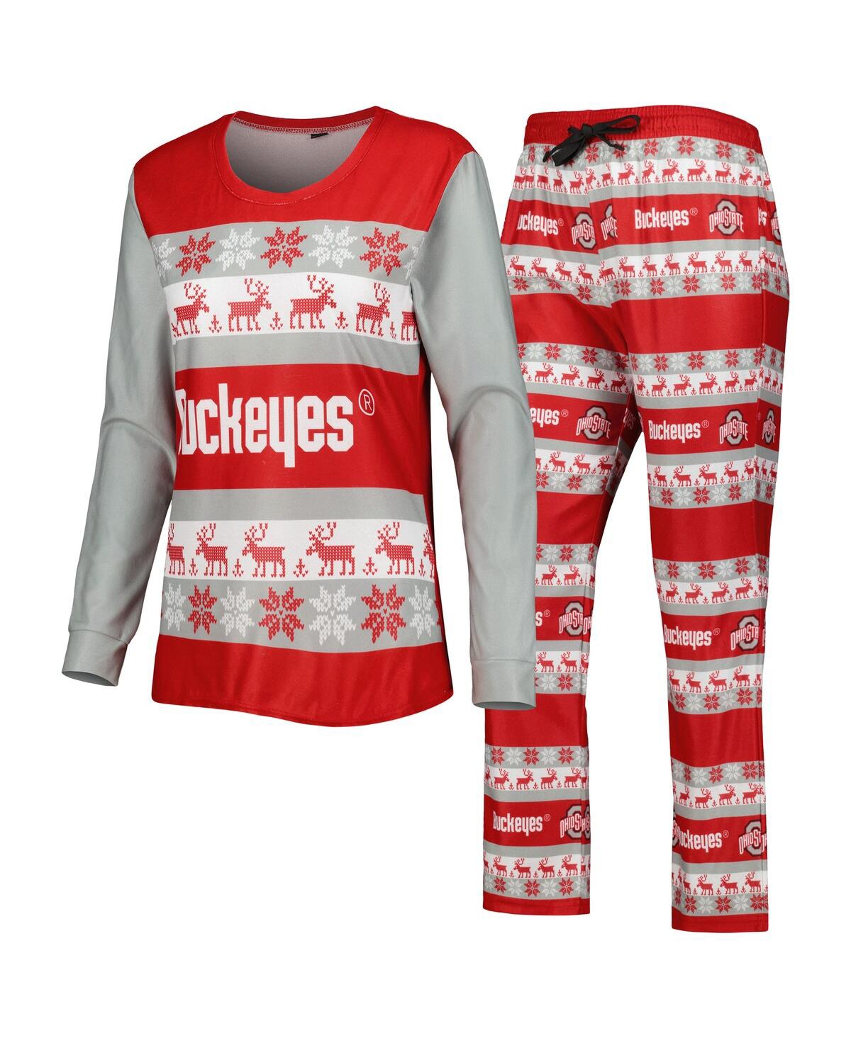 Women's Foco Scarlet Ohio State Buckeyes Ugly Long Sleeve T-shirt and Pajama Pants Sleep Set - Scarlet