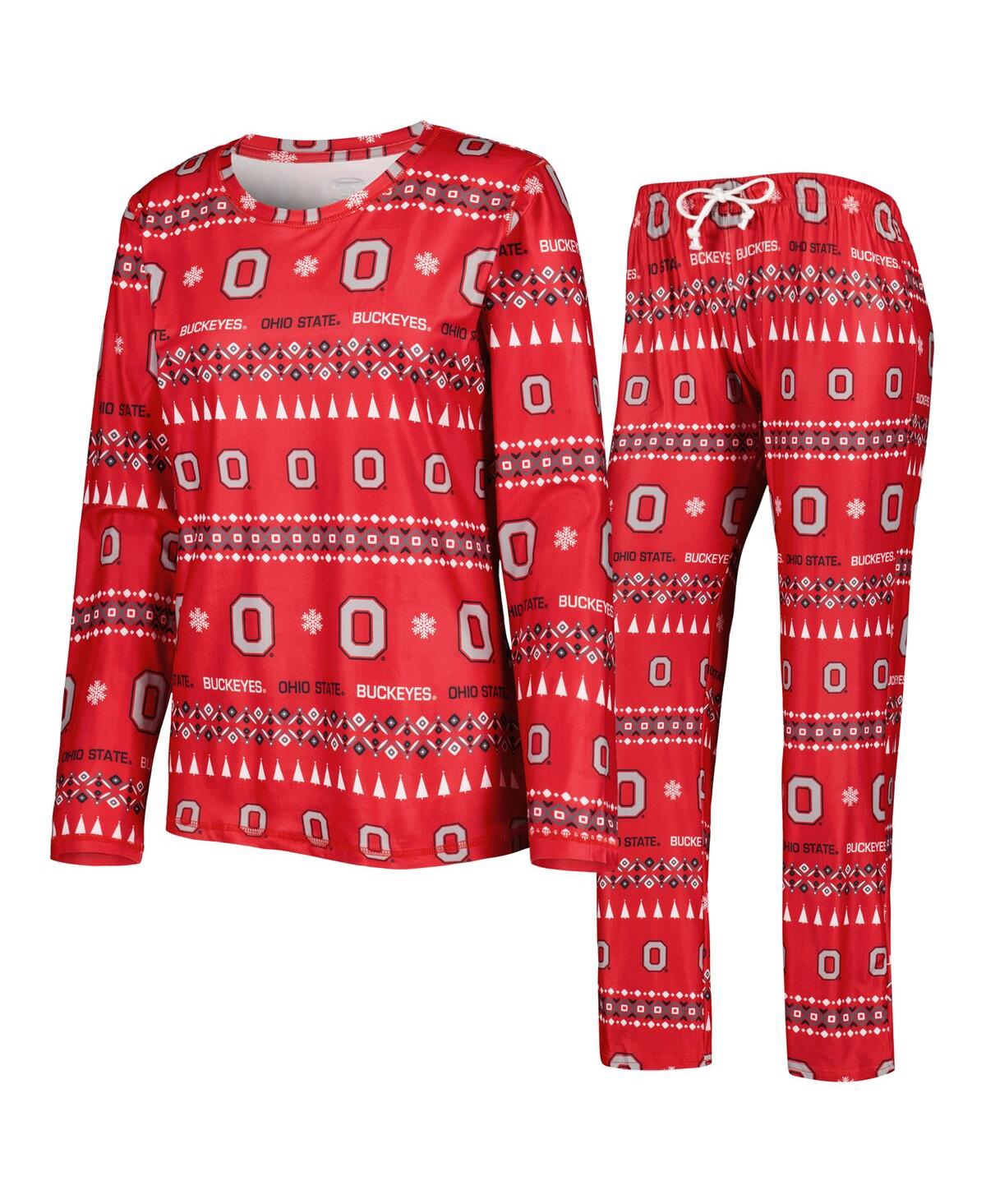 Women's Concepts Sport Scarlet Ohio State Buckeyes Flurry Ugly Sweater Long Sleeve T-shirt and Pants Sleep Set - Scarlet