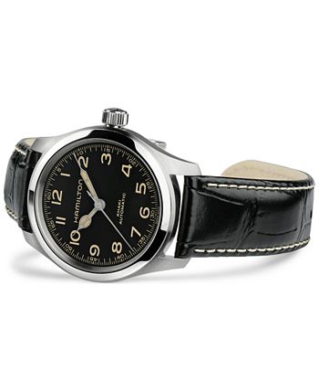 Men's Swiss Automatic Khaki Field Black Leather Strap Watch 38mm