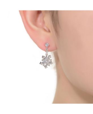 Sterling Silver with Rhodium Plated Clear Round Cubic Zirconia Cluster Flower Style Drop Earrings