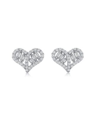 Sterling Silver with Rhodium Plated Clear Baguette and Round Cubic Zirconia Heart Stud Earrings