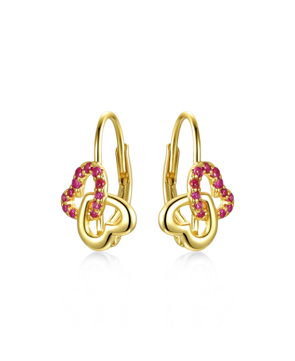 Genevive Radiant Double Heart Halo Drop Leverback Earrings for Kids/Teens in Sterling Silver with 14k Yellow Gold Plating and Red Accents