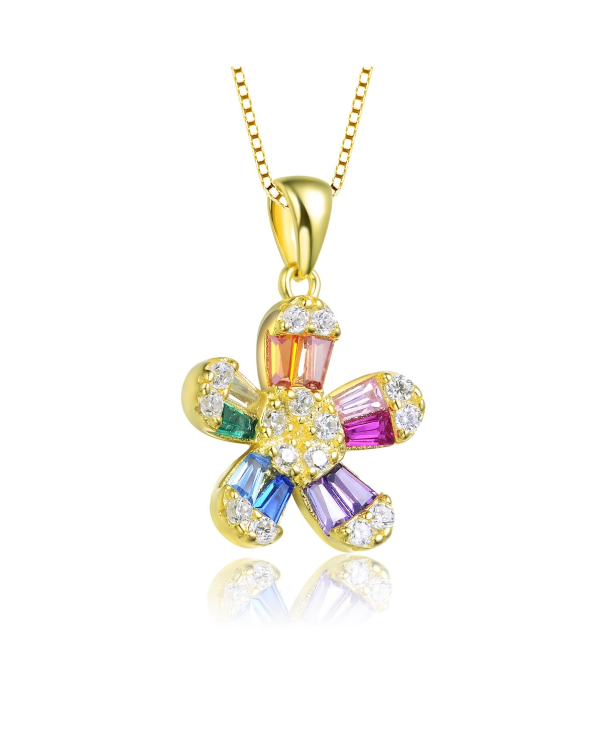 GiGiGirl Sterling Silver with Gold Plated Multi Color Baguette Cubic Zirconia Flower Style Pendant Necklace - Multi-color