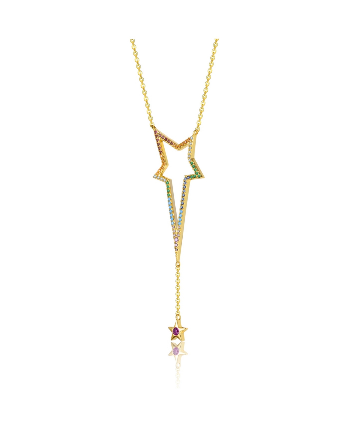 Genevive Sterling Silver 14K Gold Plated Multi Color Cubic Zirconia Spring Ring Star Necklace - Multi-color