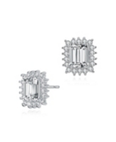 Genevive Sterling Silver with Rhodium Plated Clear Emerald and Round Cubic Zirconia Halo Stud Earrings - Clear