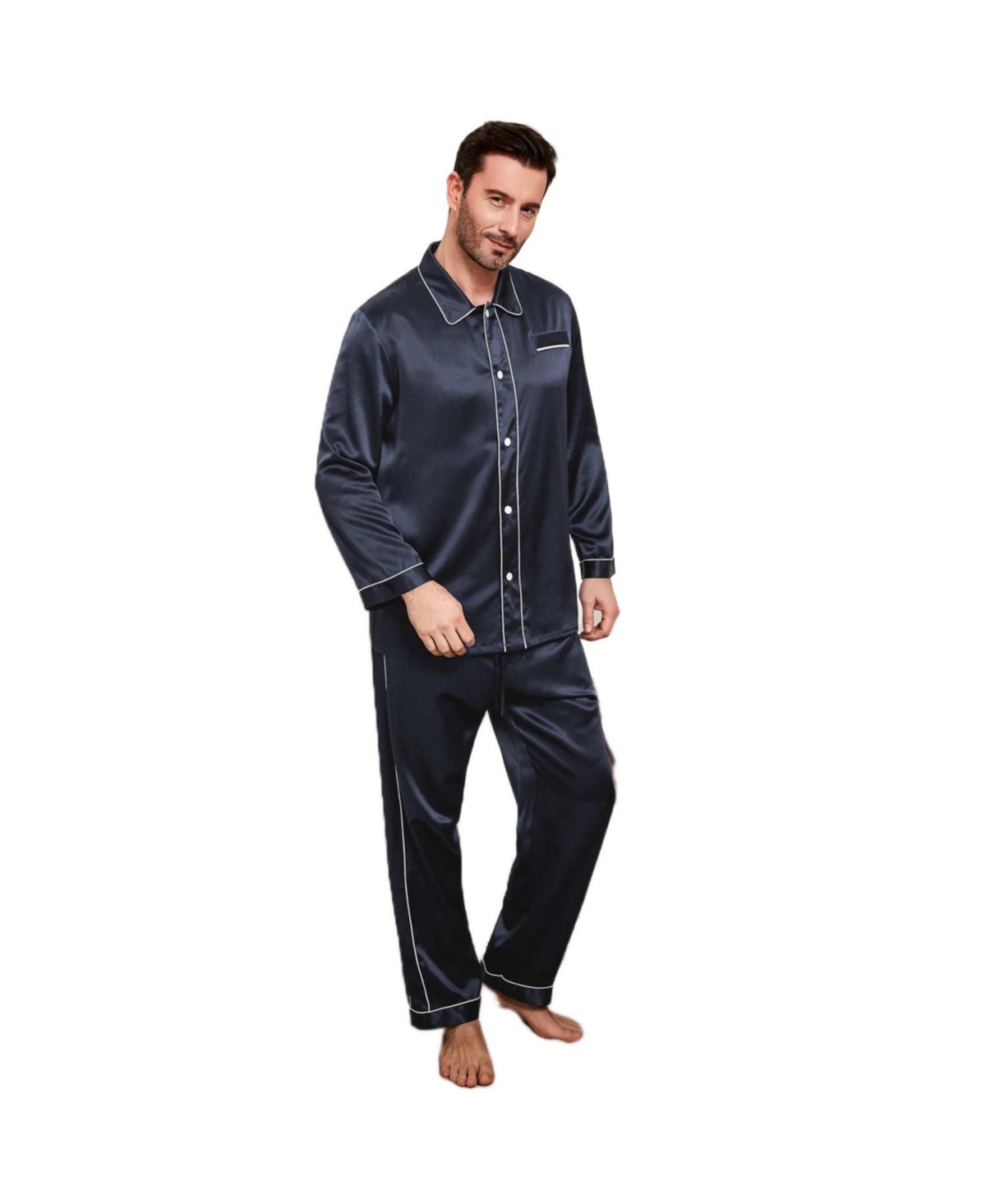 Men's 22 Momme Unique Silk Pajamas Set For Men - Navy Blue