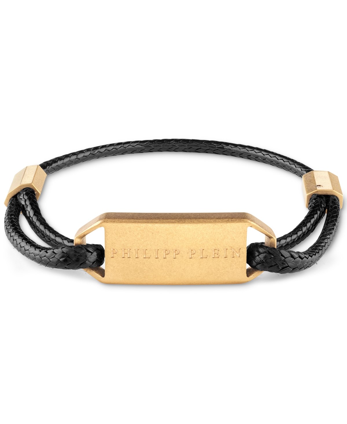 Shop Philipp Plein Gold-tone Ip Stainless Steel Logo Tag Braided Leather Bracelet In Ip Yellow Gold