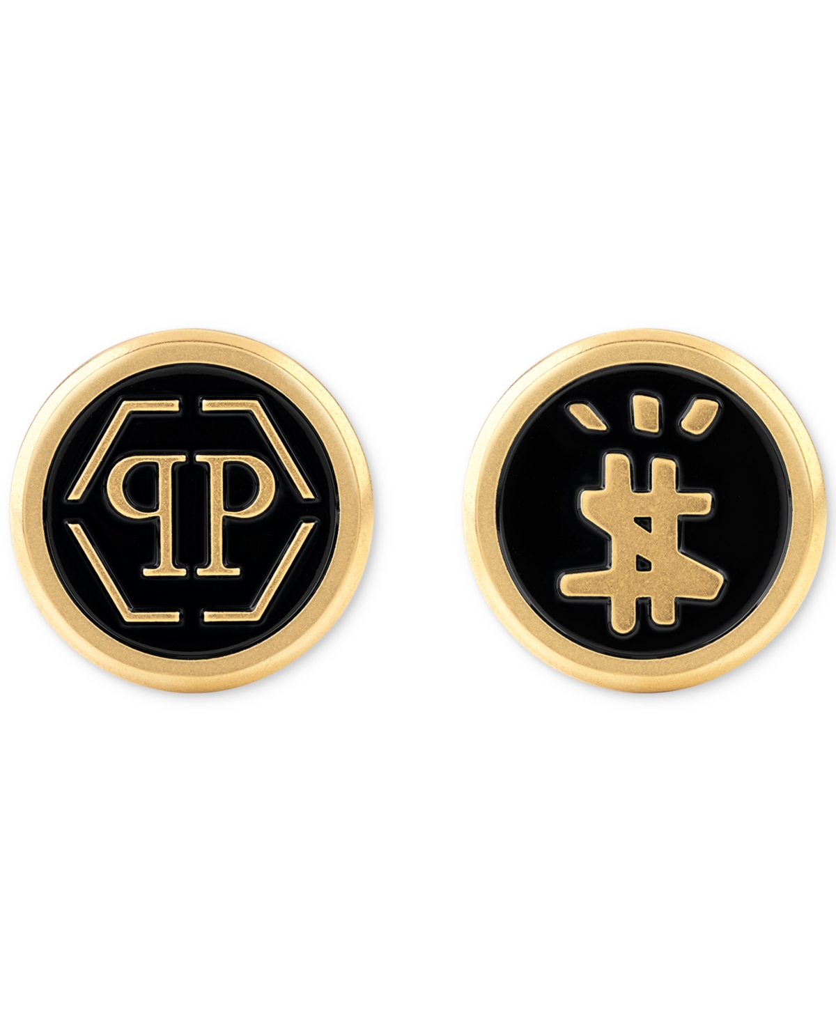 Gold-Tone Ip Stainless Steel Mismatch Logo Black Cuff Links - Ip Yellow Gold