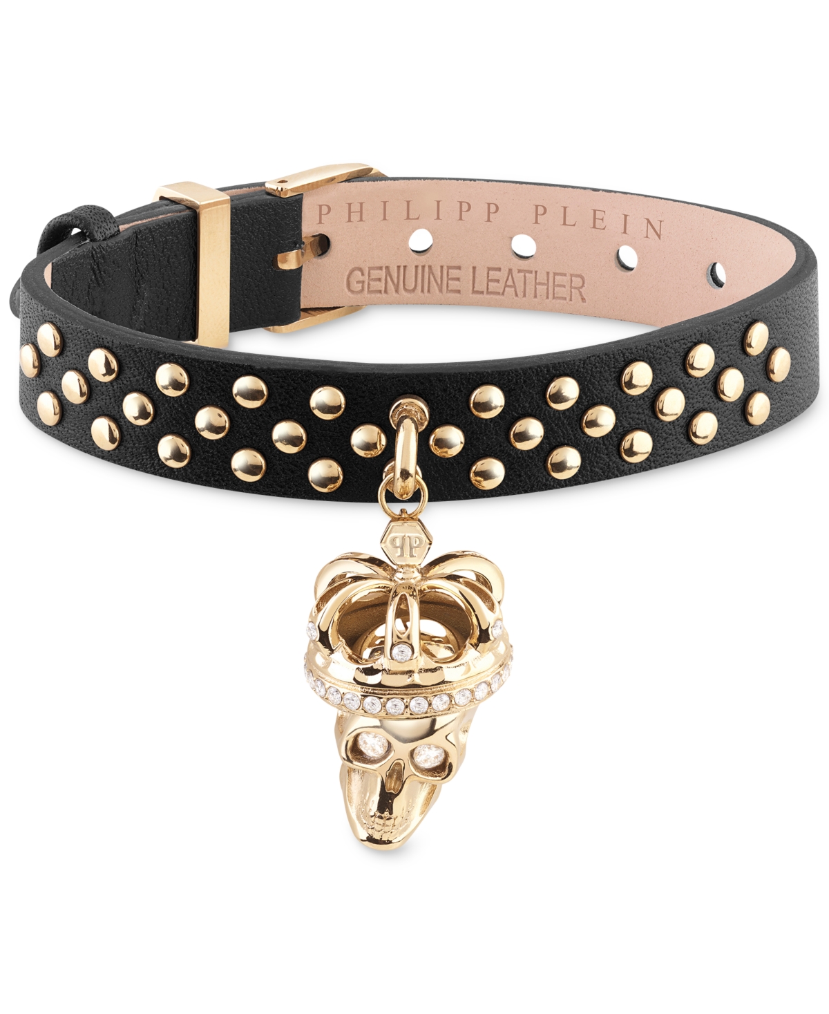 Shop Philipp Plein Gold-tone Ip Stainless Steel Pave Crowned 3d $kull Charm Studded Leather Bracelet In Ip Yellow Gold