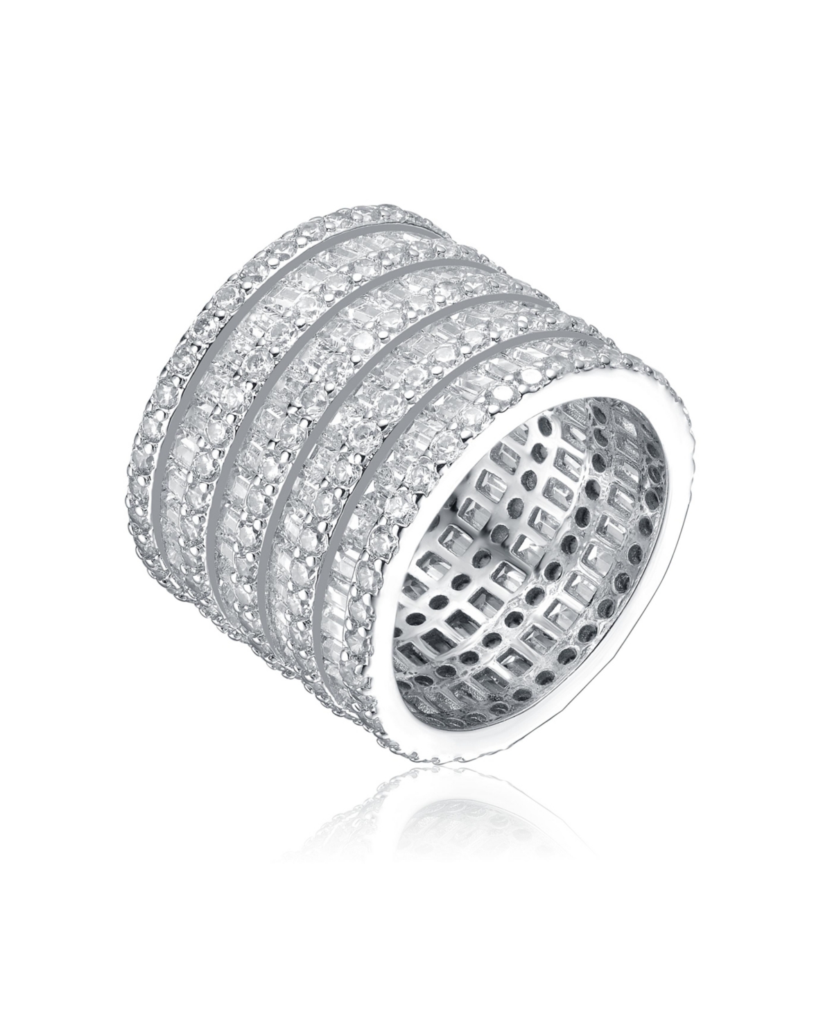 White Gold Plated with Cubic Zirconia 5-Row Stacked Column Glamor Ring in Sterling Silver - Clear