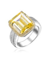 Sterling Silver White Gold Plated Yellow Ascher with Clear Round Cubic Zirconia Triple Pave Ring - Yellow
