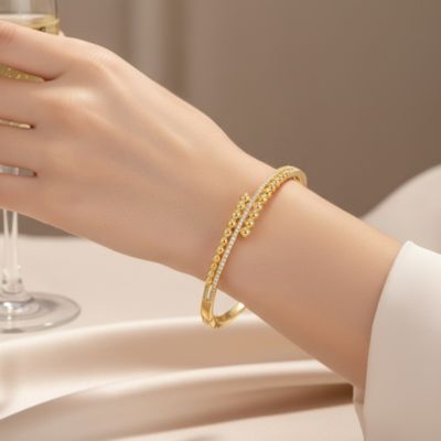 Women's 14K Gold Plated Milgrain Ball-Bead Bypass Bangle Bracelet