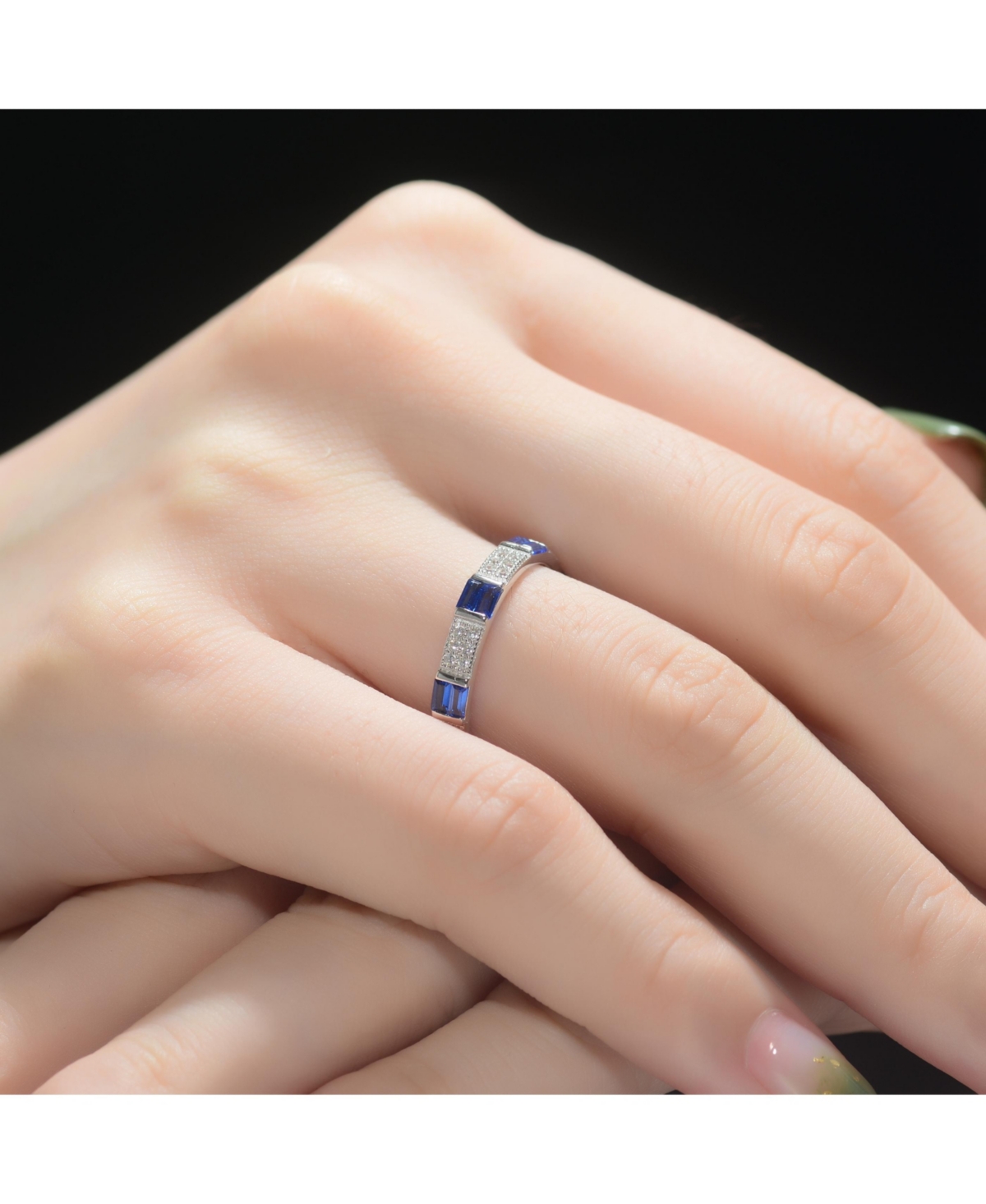Genevive Sterling Silver White Gold Plated with Red Baguette & Round Cubic Zirconia Eternity Band Stacking Ring