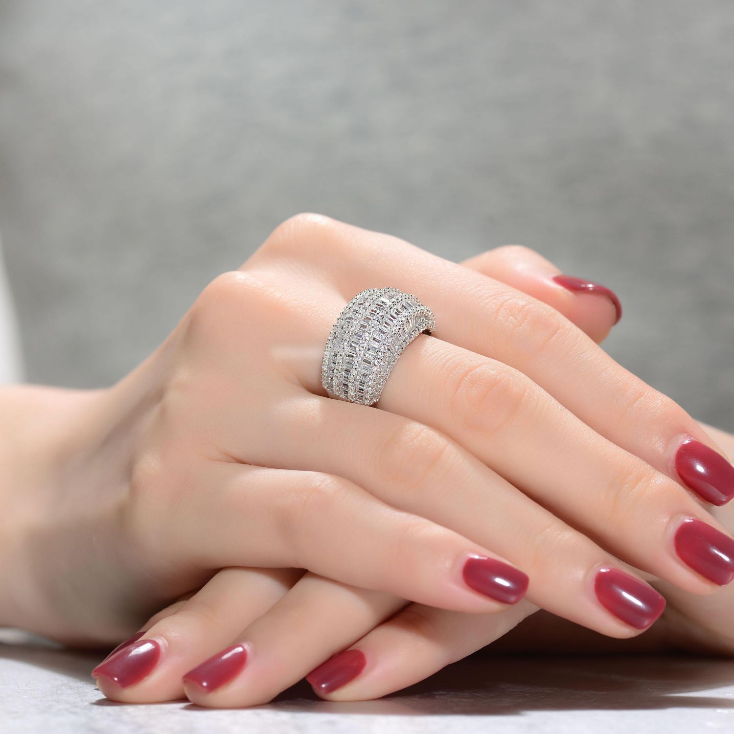 Sterling Silver White Gold Plated CZ Cluster Dome Cocktail Ring