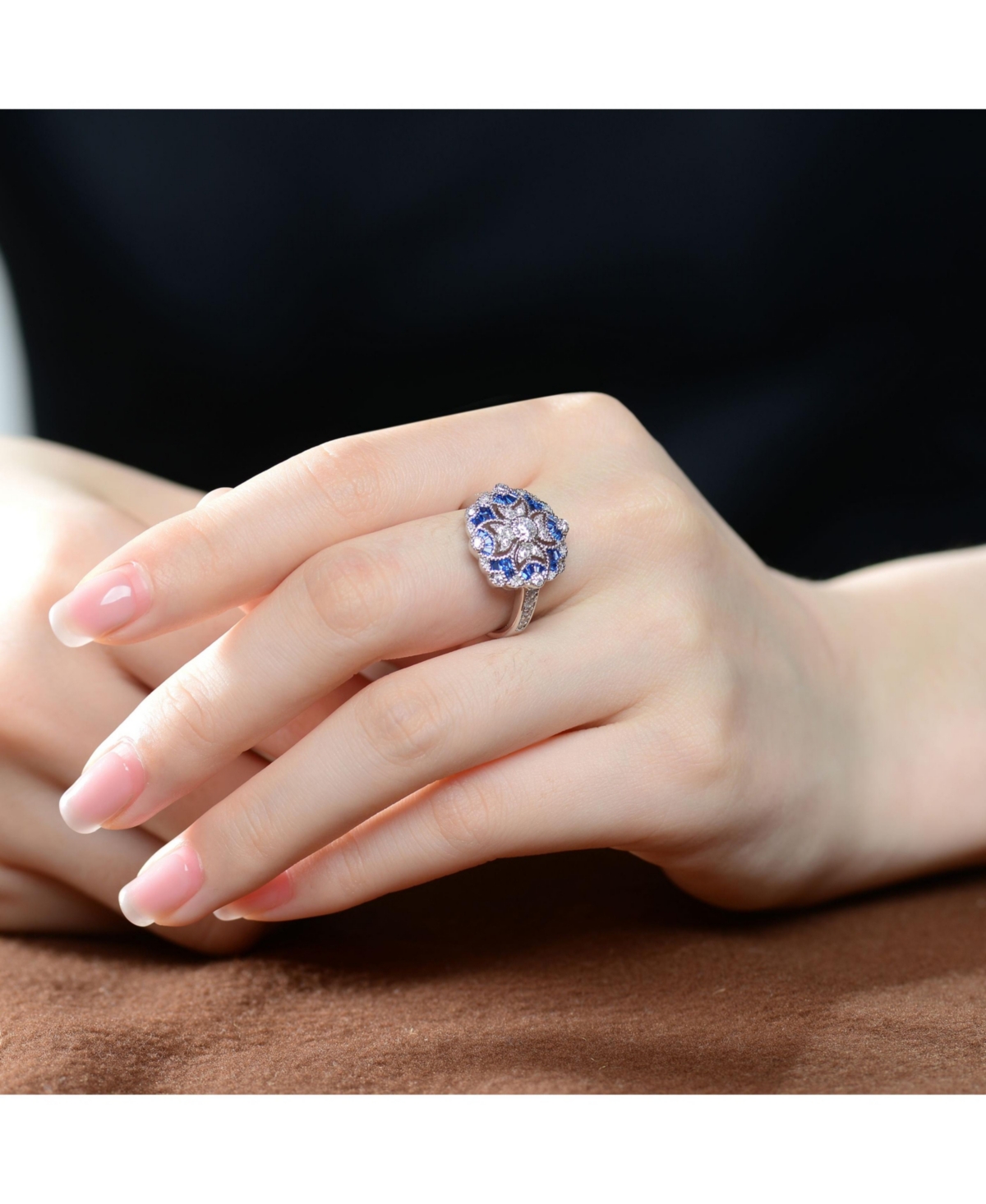 Genevive Sterling Silver Baguette and Round Cubic Zirconia Coctail Ring