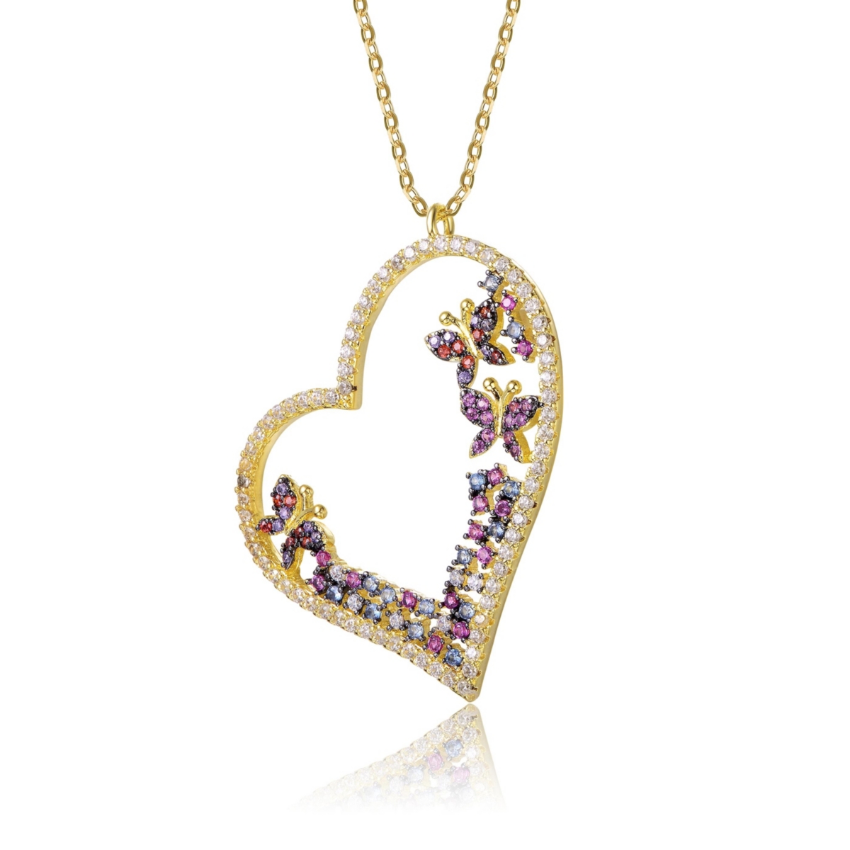 Genevive Teens Sterling Silver 14KPlated Multi Colored Cubic Zirconia Heart Necklace - Gold