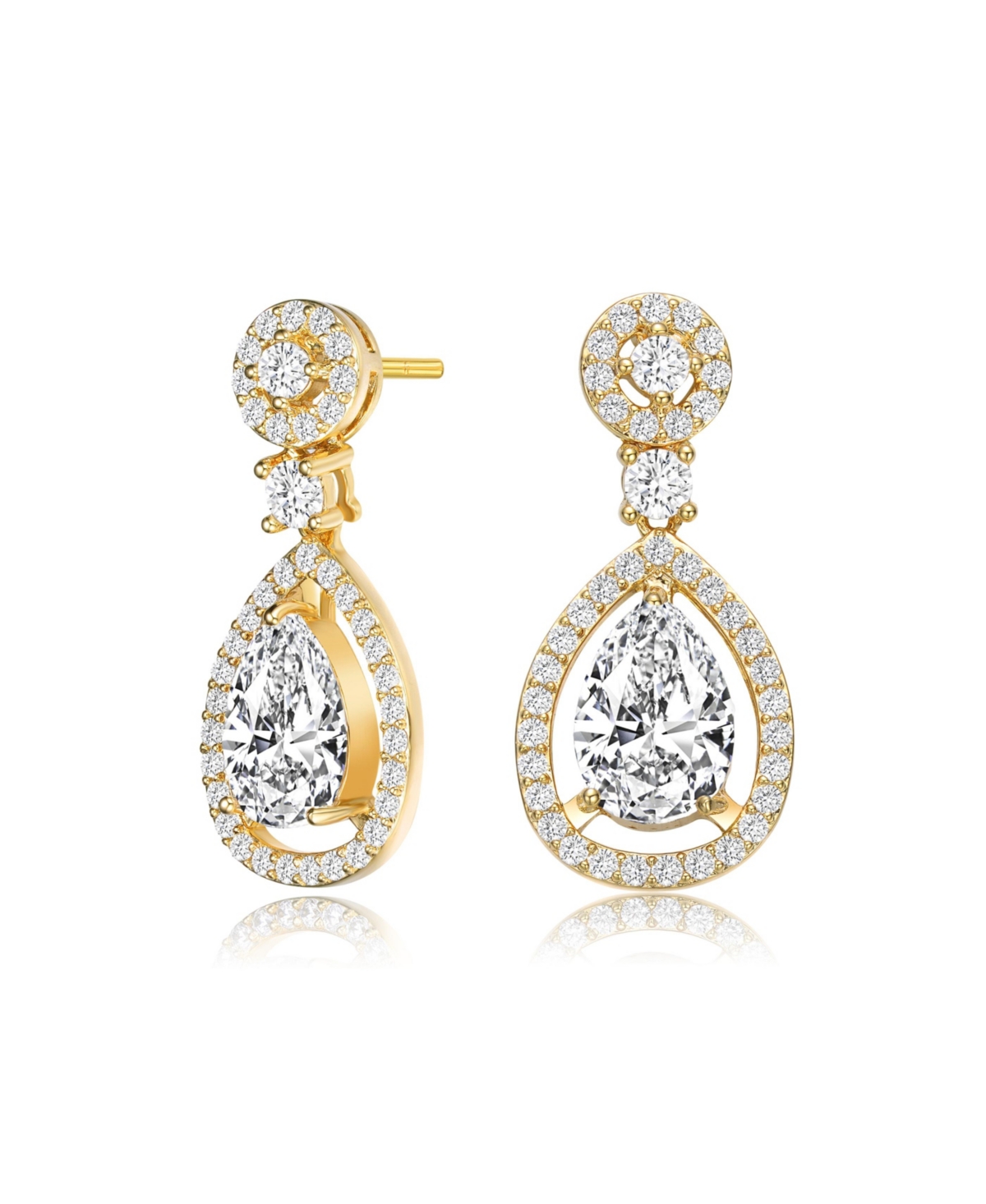 Sterling Silver with 14K Gold Plated Clear Round Cubic Zirconia Pear Drop Earrings - Gold