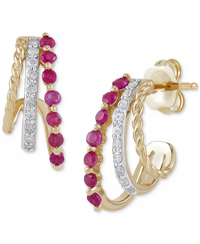 Macy's Ruby (1/4 ct. t.w.) & Diamond (1/10 ct. t.w.) Curved Halo Hoop Earrings in 14k Gold