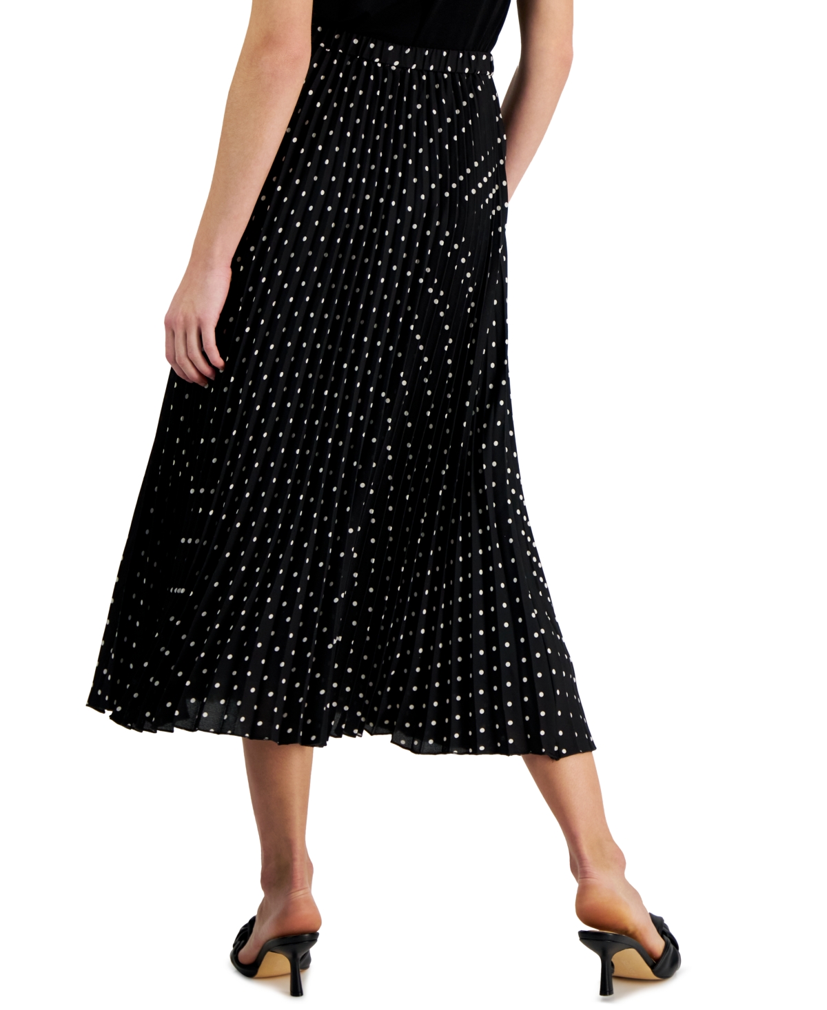 Shop Anne Klein Dot-print Chiffon Pull-on Pleated Skirt In Anne Black,anne White