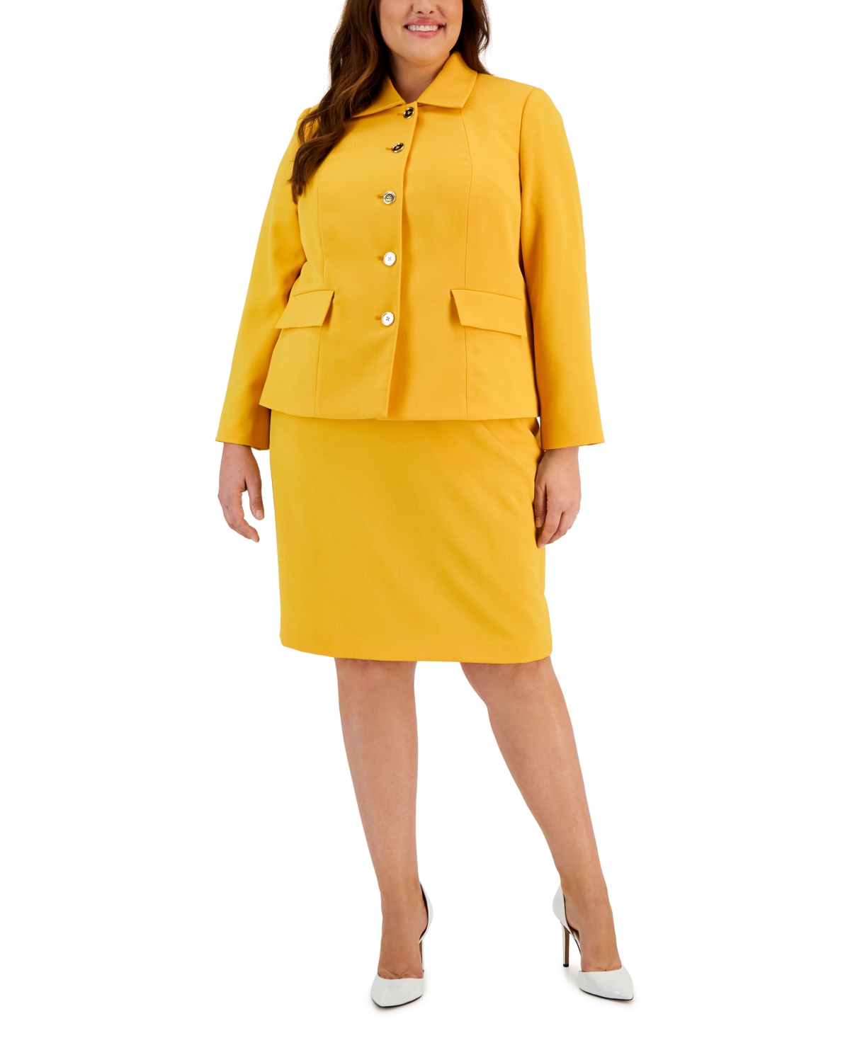 Le Suit Plus Size Crepe Wing-collar Jacket & Slim Skirt Suit In Golden Sunset