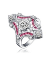 Genevive Sterling Silver Baguette and Round Cubic Zirconia Modern Ring - Ruby