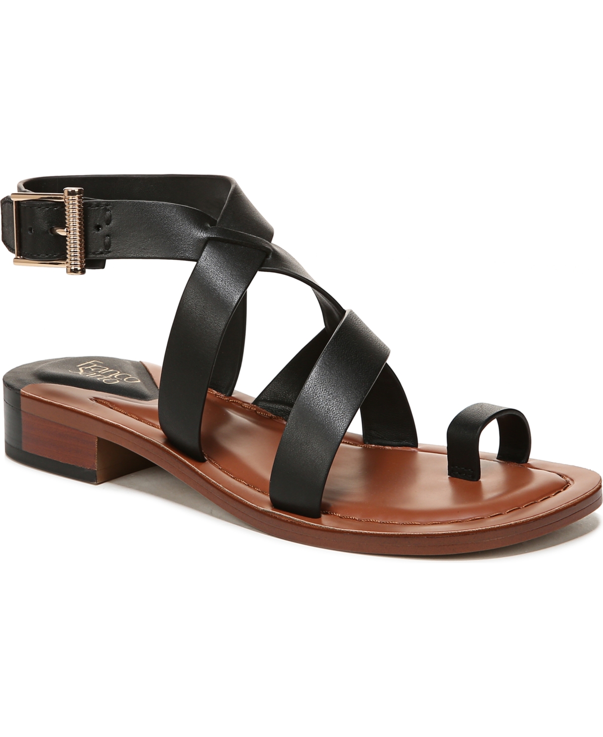 Shop Franco Sarto Women's Ina Toe Loop Ankle Strap Stacked Heel Sandals In Black Leather