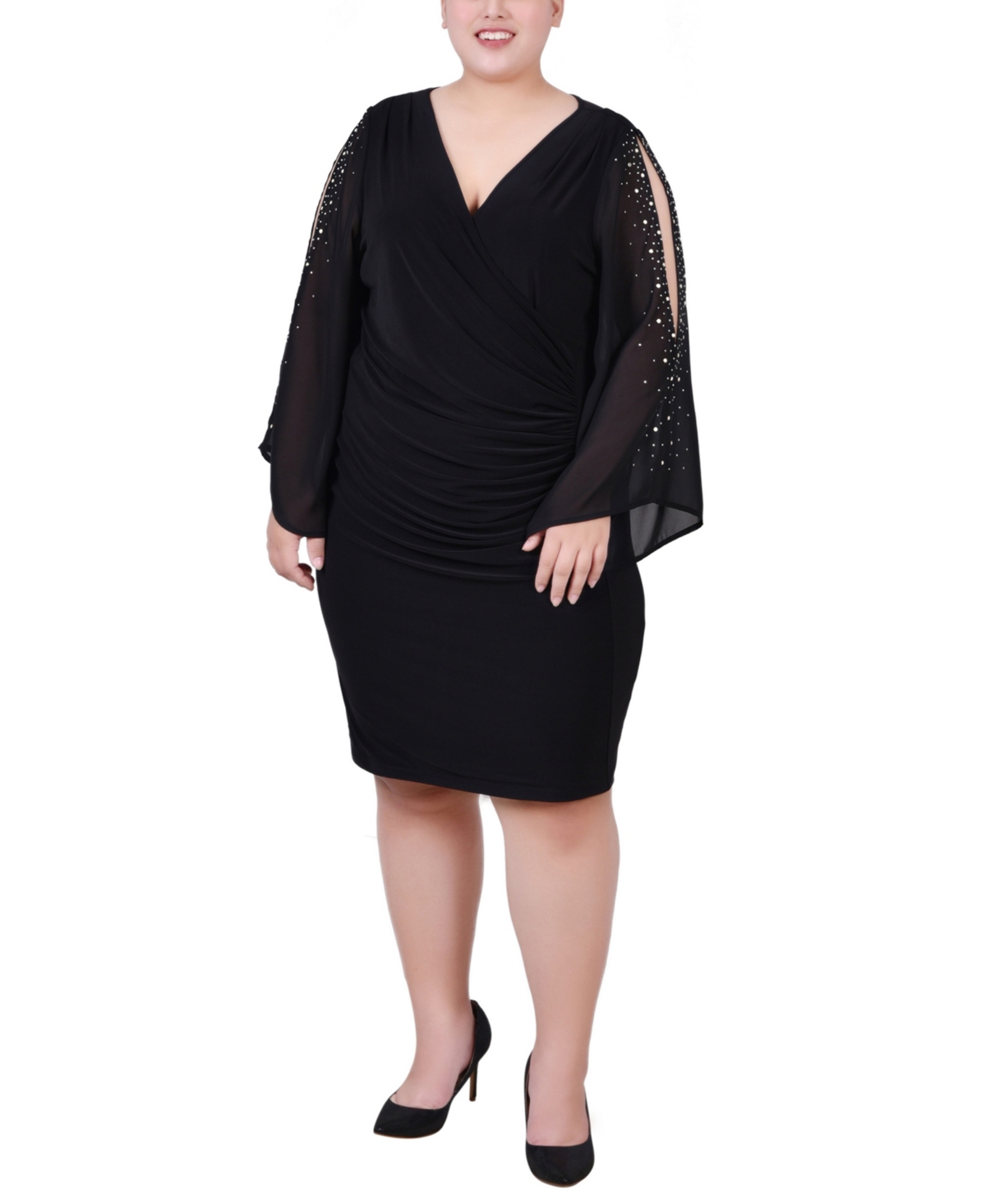 Ny Collection Plus Size Long Sleeve Surplice With Cold Shoulder Studded Chiffon Sleeve Dress In Black