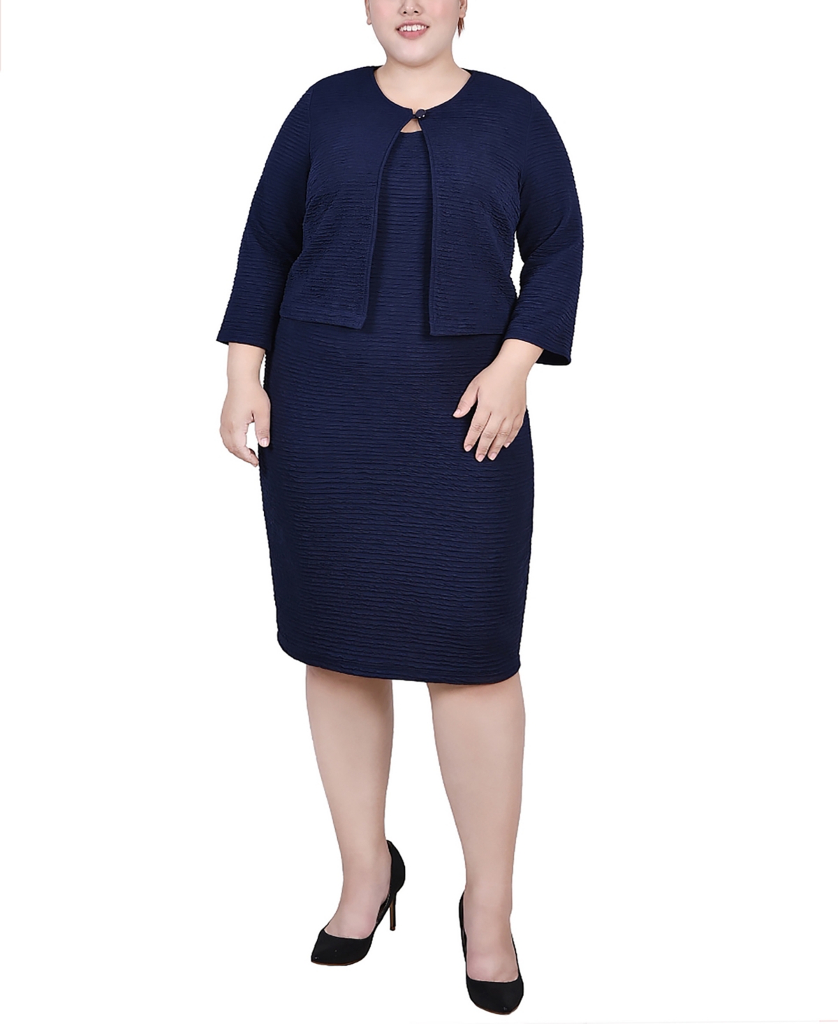 Ny Collection Plus Size Novelty Knit And Lace Dress, 2 Piece Set In Navy