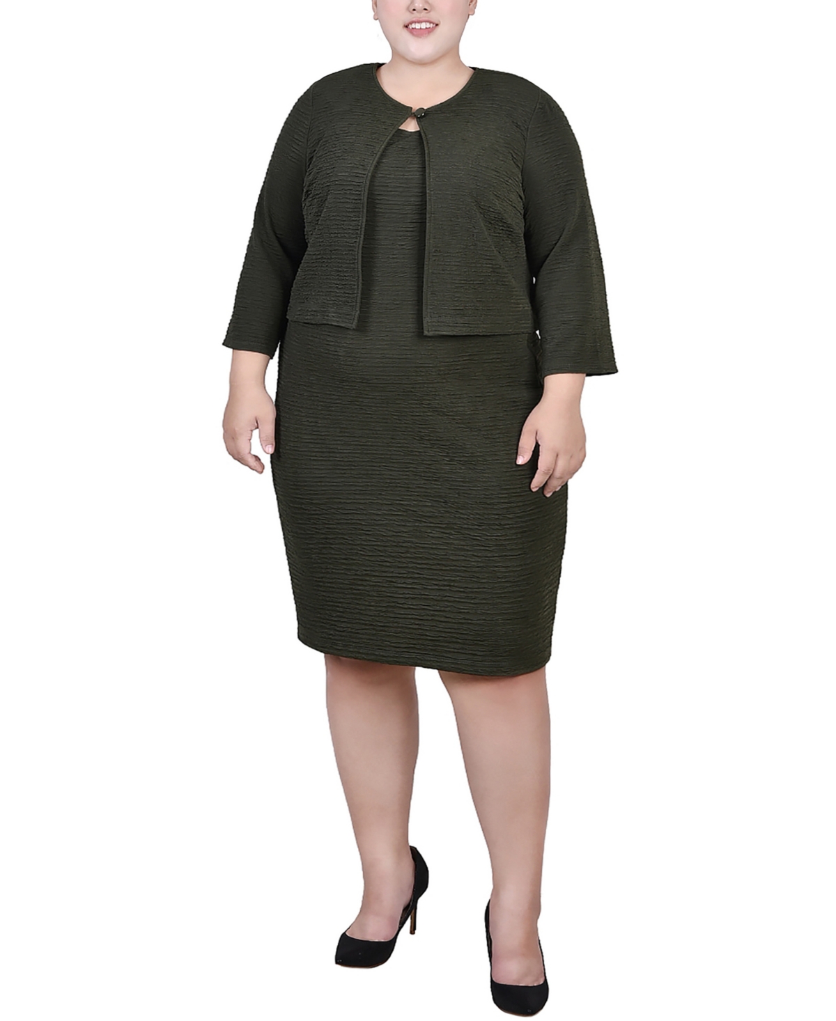 Ny Collection Plus Size Textured 3/4 Sleeve Two Piece Dress Set In Olive