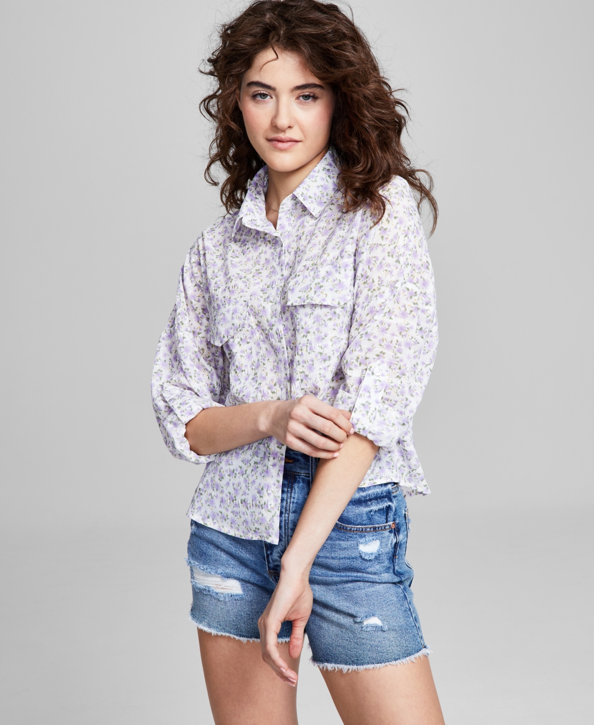 And Now This Women's Floral-Print Utility Shirt