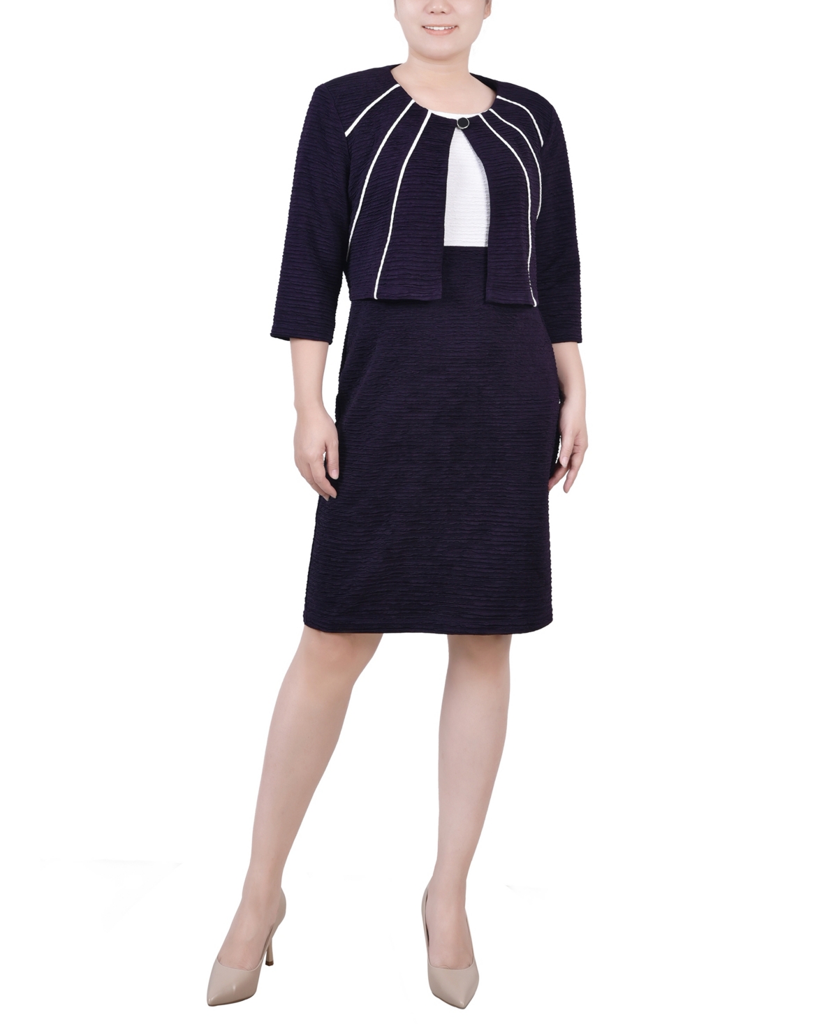 Ny Collection Petite Two Piece Jacket And Dress Set In Eggplant