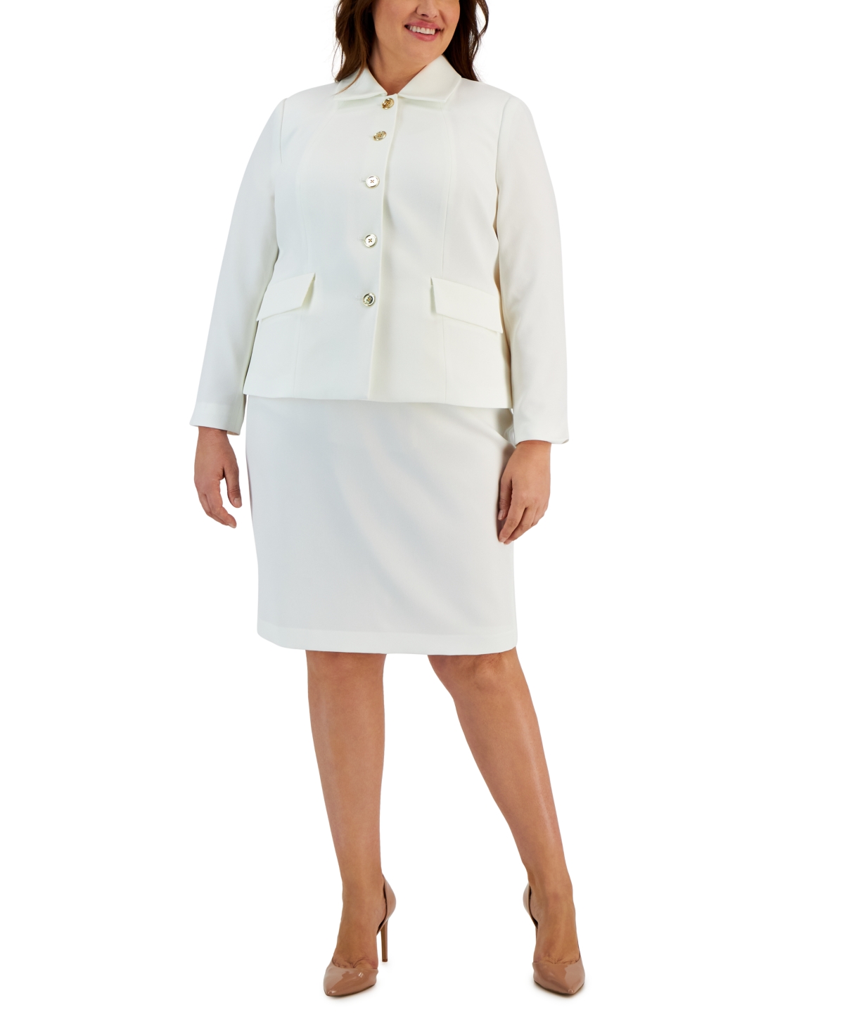 Le Suit Plus Size Crepe Wing-collar Jacket & Slim Skirt Suit In Vanilla Ice