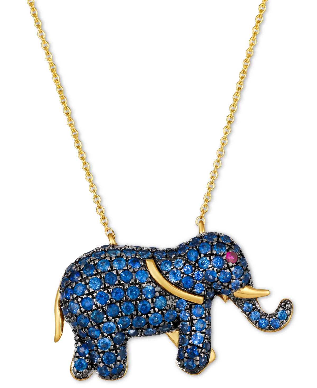 Le Vian Blueberry Sapphire (1-5/8 ct. t.w.) & Passion Ruby Accent Elephant Pendant Necklace in 14k Gold, 18" + 2" extender
